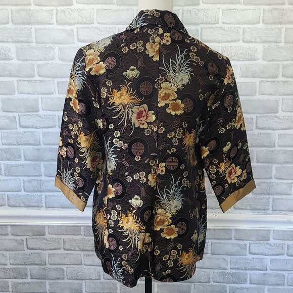 Chicos Silk Blend Asian Print Brocade Kimono Jacket sz 1 / Med Black Gold Artsy - Picture 3 of 10